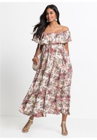 bonprix - Sukienka z dekoltem carmen, z lejącej wiskozy. Typ kołnierza: typu carmen. Kolor: beżowy. Materiał: wiskoza #2