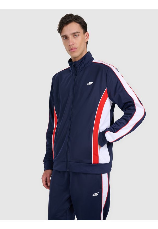 4f - 4F Bluza dresowa rozpinana bez kaptura męska - granatowa M. Okazja: na co dzień. Typ kołnierza: bez kaptura. Kolor: niebieski. Materiał: dresówka. Styl: casual, retro, vintage