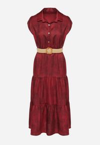 Born2be - Bordowa Sukienka Ozdobiona Plecionym Paskiem i Guzikami Filianea. Okazja: na co dzień. Kolor: czerwony. Materiał: jeans. Wzór: aplikacja. Styl: elegancki, casual