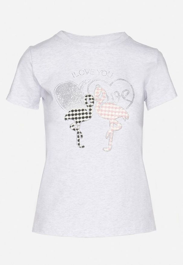 Born2be - Jasnoszary T-shirt z Bawełny z Cyrkoniami i Nadrukiem Listebia. Okazja: na co dzień. Kolor: szary. Materiał: bawełna. Wzór: nadruk. Styl: klasyczny, casual