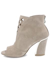 DAMISS - Beżowe Botki Damiss Eleganckie Skórzane Buty Damskie. Nosek buta: otwarty. Zapięcie: zamek. Kolor: beżowy. Szerokość cholewki: normalna. Wzór: geometria. Materiał: skóra. Obcas: na obcasie. Styl: elegancki. Wysokość obcasa: średni #5