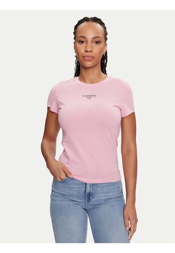 Tommy Jeans T-Shirt Essential DW0DW18397 Różowy Slim Fit. Kolor: różowy. Materiał: wiskoza