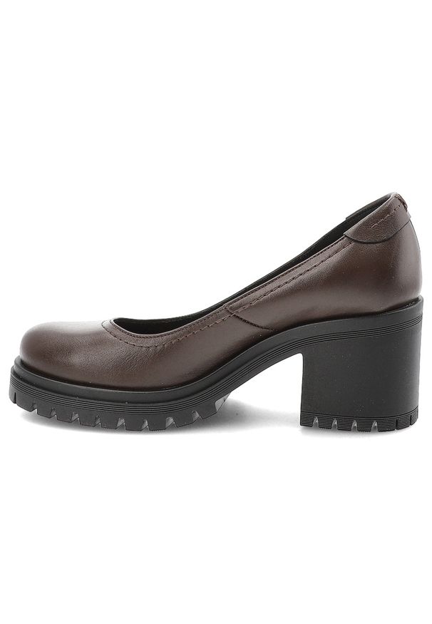 Półbuty damskie Armodo, eleganckie na klocku skórzane z okrągłym noskiem i wsuwane, czekoladowe, 20194-S. Okazja: na co dzień, na spacer. Nosek buta: okrągły. Zapięcie: bez zapięcia. Kolor: brązowy. Materiał: skóra. Sezon: wiosna, jesień. Obcas: na obcasie. Styl: elegancki. Wysokość obcasa: średni