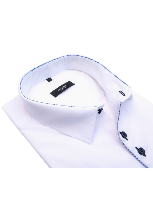 Mmer / Villaro - Koszule męskie - Biała koszula z krótkim rękawem i niebieskimi wykończeniami 924K. Typ kołnierza: kołnierzyk klasyczny. Kolor: biały, wielokolorowy, niebieski. Materiał: bawełna, poliester, tkanina. Długość rękawa: krótki rękaw. Długość: krótkie. Styl: klasyczny