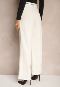 Renee - Beżowe Spodnie o Szerokim Kroju High Waist Wykończone Lamówką Verillia. Okazja: na co dzień, na spacer. Stan: podwyższony. Kolor: beżowy. Styl: elegancki, casual #5