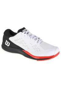 Buty do tenisa męskie, Wilson Rush Pro Ace. Zapięcie: sznurówki. Kolor: biały, wielokolorowy. Materiał: guma, materiał, syntetyk, tkanina. Szerokość cholewki: normalna. Sport: tenis