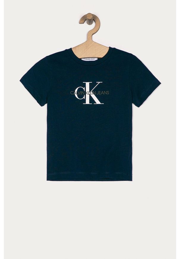 Calvin Klein Jeans - T-shirt dziecięcy 104-176 cm. Okazja: na co dzień. Kolor: niebieski. Materiał: bawełna, materiał, dzianina. Wzór: nadruk. Styl: casual