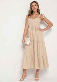 Born2be - Beżowa Rozkloszowana Sukienka z Wiskozą Ozdobiona Wiązaniem na Ramiączkach Meravessa. Okazja: na spacer. Kolor: beżowy. Materiał: wiskoza. Długość rękawa: na ramiączkach. Wzór: aplikacja #7