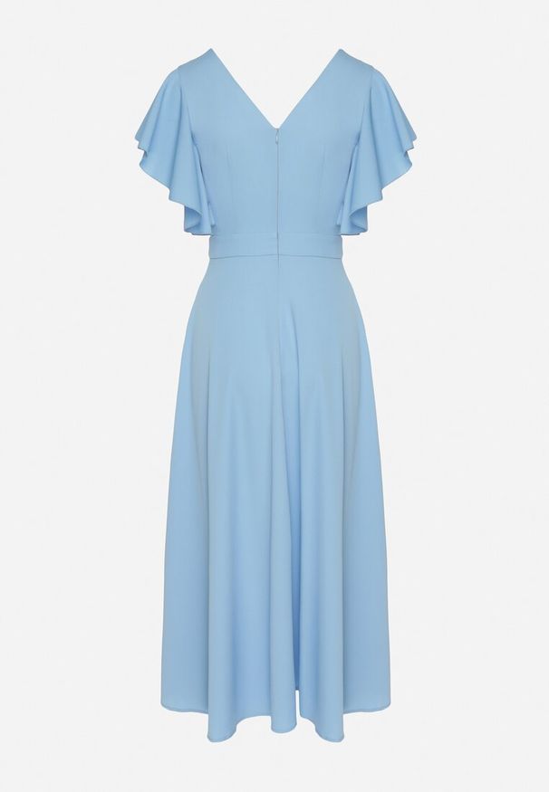 Born2be - Niebieska Rozkloszowana Sukienka Zdobiona Falbanami Emilienne. Okazja: na co dzień, na randkę, na spacer. Kolor: niebieski. Materiał: jeans, tkanina. Wzór: aplikacja, gładki, jednolity. Typ sukienki: proste, rozkloszowane. Styl: wizytowy, klasyczny, casual, elegancki. Długość: maxi