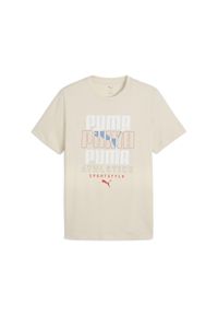 Puma - Męska koszulka z nałożonymi na siebie grafikami PUMA. Kolor: beżowy, biały, wielokolorowy. Sport: bieganie #1