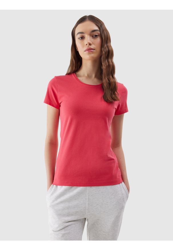 4f - T-shirt slim gładki damski - czerwony. Okazja: na co dzień. Kolor: czerwony. Materiał: jersey, materiał, bawełna, elastan, dzianina. Wzór: gładki. Styl: sportowy, casual