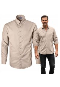 Lekko Taliowana Koszula Sportowa, Button Down - Pako Jeans - Beżowa. Okazja: na co dzień. Typ kołnierza: button down. Kolor: brązowy, wielokolorowy, beżowy. Materiał: bawełna. Styl: sportowy #3