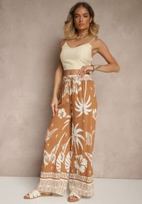 Renee - Brązowe Szerokie Spodnie z Gumką w Pasie w Stylu Boho Evirami. Kolor: brązowy. Sezon: lato. Styl: boho
