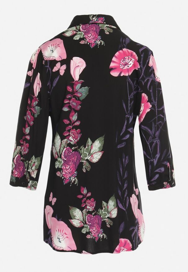Born2be - Czarno-Różowa Koszula z Wiskozy w Kwiatowy Wzór Cerilna. Okazja: na co dzień. Kolor: czarny. Materiał: wiskoza. Wzór: kwiaty. Styl: casual