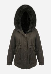 Born2be - Ciemnozielona Kurtka Nylonowa Parka z Odpinanym Futerkiem Beaten. Kolor: zielony. Materiał: futro, nylon. Wzór: paski, aplikacja