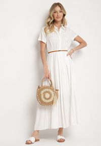 Born2be - Biała Wiskozowa Sukienka o Koszulowym Fasonie z Wąskim Paskiem Fillamea. Kolor: biały. Materiał: wiskoza. Wzór: aplikacja. Typ sukienki: koszulowe. Styl: elegancki #2