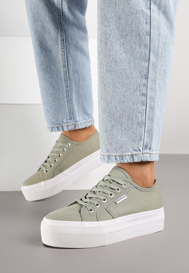Born2be - Ciemnobeżowe Klasyczne Trampki na Grubej Podeszwie Maireli. Okazja: na co dzień. Kolor: beżowy. Materiał: jeans. Styl: klasyczny