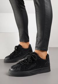 Renee - Czarne Cyrkoniowe Sneakersy Zdobione Marszczeniem na Nosku Westafera. Kolor: czarny. Wzór: aplikacja #4