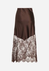 Born2be - Brązowa Satynowa Spódnica Ozdobiona Koronką Milori. Okazja: na spotkanie biznesowe. Kolor: brązowy. Materiał: satyna, koronka. Wzór: aplikacja, koronka. Sezon: wiosna, lato. Styl: biznesowy, klasyczny #5