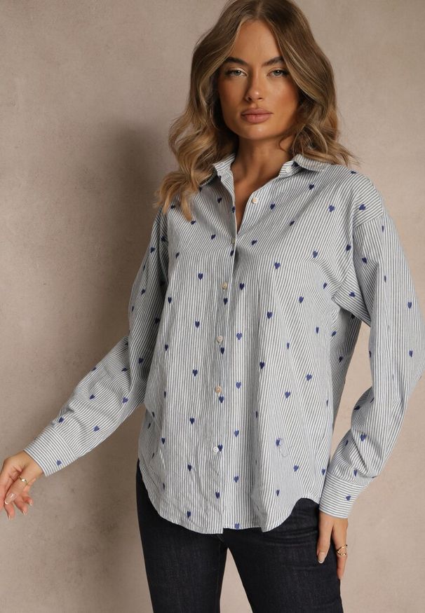 Renee - Niebieska Koszula z Bawełny w Serduszka i Drobne Paseczki Fenimalla. Okazja: na randkę. Kolor: niebieski. Materiał: bawełna. Styl: elegancki, klasyczny