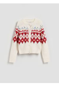 Reserved - Wzorzysty kardigan - czerwony. Kolor: czerwony. Materiał: dzianina, wełna #1