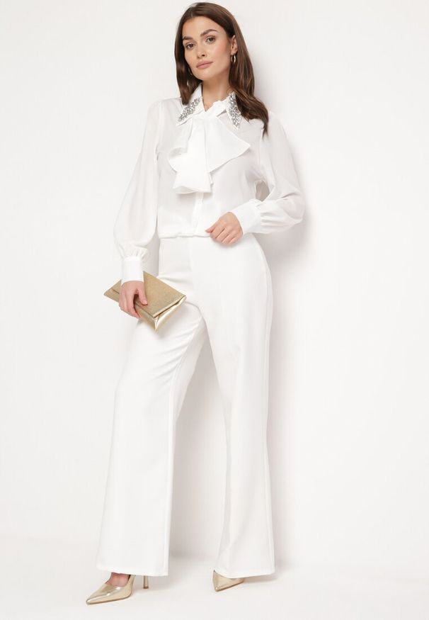 Born2be - Biała Koszula z Falbanką i Ozdobnymi Broszkami z Cyrkoniami Ophiriel. Okazja: na co dzień. Typ kołnierza: kołnierzyk klasyczny. Kolor: biały. Materiał: materiał, tkanina. Długość: długie. Wzór: gładki, aplikacja. Styl: casual, klasyczny