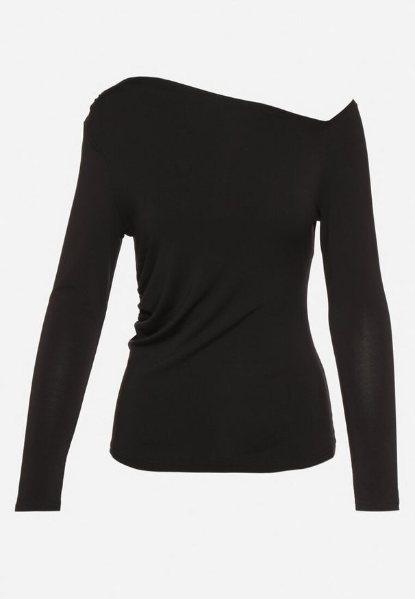 Born2be - Czarna Bluzka z Asymetrycznym Dekoltem i Marszczeniem Ninalira. Okazja: na co dzień. Kolor: czarny. Styl: casual, elegancki
