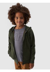 4f - 4F Bluza dresowa rozpinana z kapturem chłopięca - khaki 140 (9-10 lat). Okazja: na co dzień. Typ kołnierza: kaptur. Kolor: brązowy, wielokolorowy, oliwkowy. Materiał: dresówka. Wzór: gładki, ze splotem. Sezon: lato. Styl: sportowy, casual