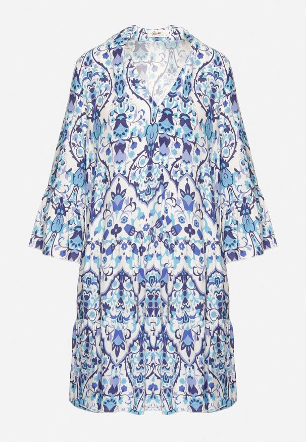 Born2be - Niebieska Rozkloszowana Sukienka z Wiskozą w Ornamentalny Wzór Ravapia. Okazja: na spacer, na co dzień. Typ kołnierza: dekolt w kształcie V. Kolor: niebieski. Materiał: wiskoza. Sezon: lato. Styl: casual