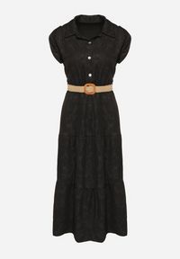 Born2be - Czarna Sukienka Ozdobiona Plecionym Paskiem i Guzikami Filianea. Okazja: na co dzień. Kolor: czarny. Materiał: jeans. Wzór: aplikacja. Styl: elegancki, casual