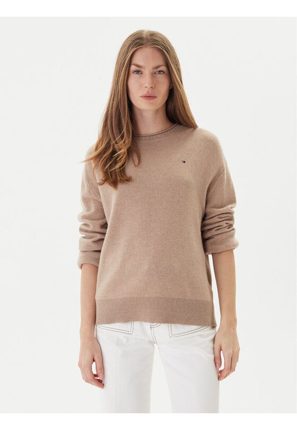 TOMMY HILFIGER - Tommy Hilfiger Sweter WW0WW46438 Beżowy Regular Fit. Kolor: beżowy. Materiał: wełna