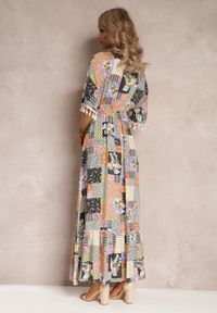 Renee - Szaro-Czarna Rozkloszowana Sukienka Maxi z Falbanką w Patchworkowy Wzór Fiorella. Kolor: szary. Materiał: bawełna, tkanina. Wzór: aplikacja. Długość: maxi #3