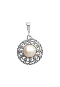 Polcarat Design - Srebrny oksydowany wisiorek z perłą W 1726. Materiał: srebrne. Kolor: srebrny. Wzór: aplikacja. Kamień szlachetny: perła #1