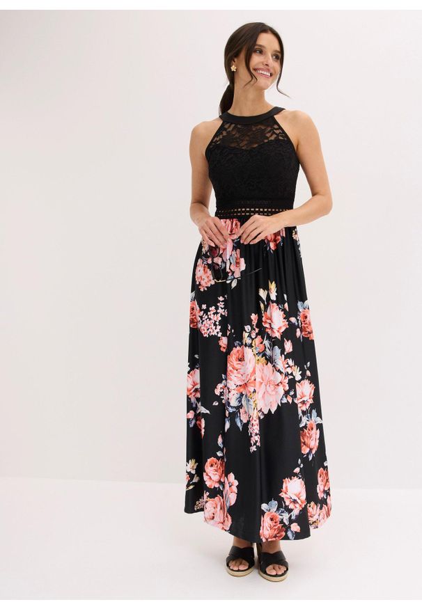 bonprix - Długa sukienka w kwiaty z koronką. Kolor: czarny. Materiał: jersey, koronka. Wzór: aplikacja, nadruk, koronka, kwiaty. Sezon: lato. Długość: maxi