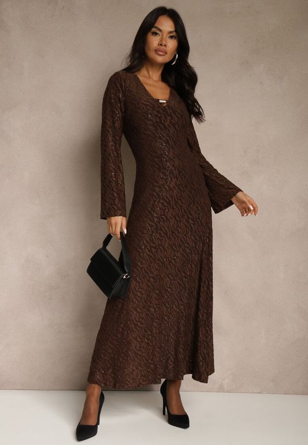 Renee - Brązowa Rozkloszowana Sukienka Longsleeve w Zebrę Zdobiona Brokatem Mevilisa. Kolor: brązowy. Długość rękawa: długi rękaw. Wzór: motyw zwierzęcy, aplikacja. Styl: klasyczny