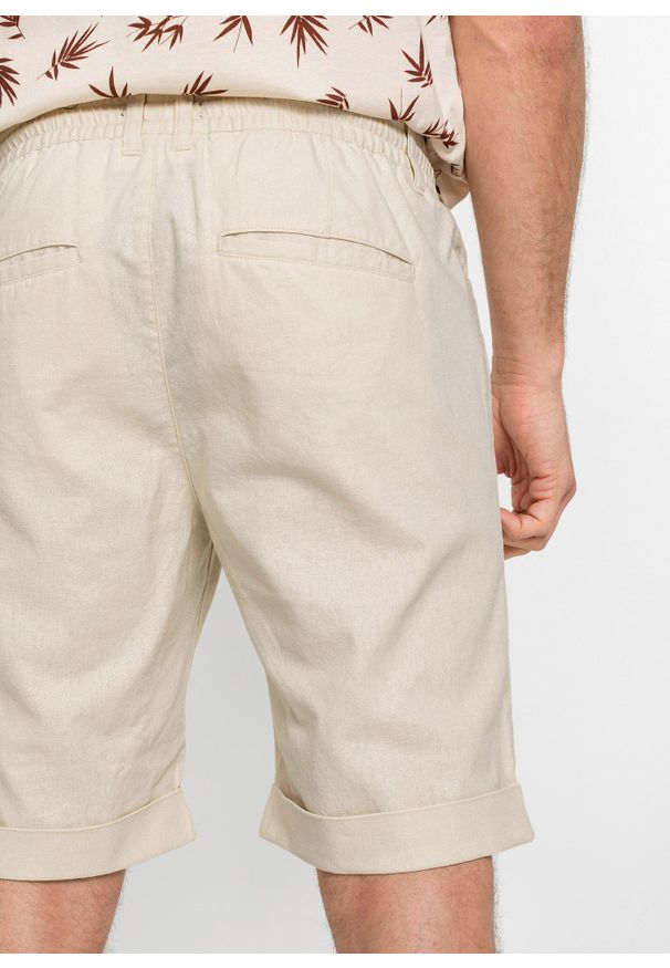 bonprix - Bermudy z gumką w talii, z przewiewnego materiału z lnem, regular fit. Kolor: beżowy. Materiał: len, materiał