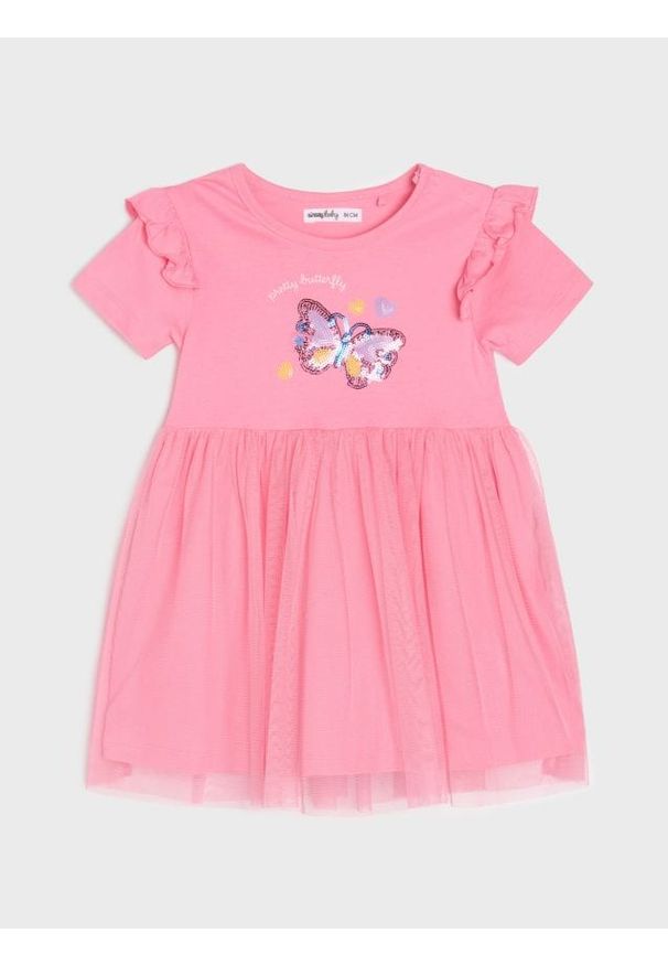 Sinsay - Sukienka z ozdobnymi cekinami wykończona tiulem - różowy. Kolor: różowy. Materiał: tiul