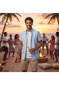 Lniano-Bawełniana Koszula Męska - Pako Jeans - Błękitna. Okazja: na co dzień. Typ kołnierza: button down. Kolor: niebieski. Materiał: bawełna, len. Styl: casual #4