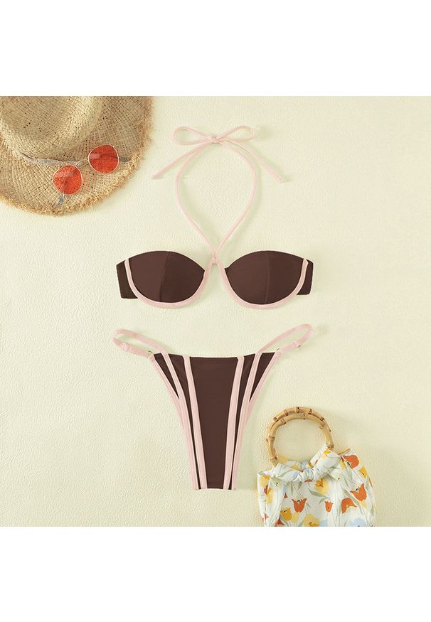 Intica - Bikini na szyję z regulowanymi zapięciami plażowe Corene. Kolor: brązowy. Materiał: materiał