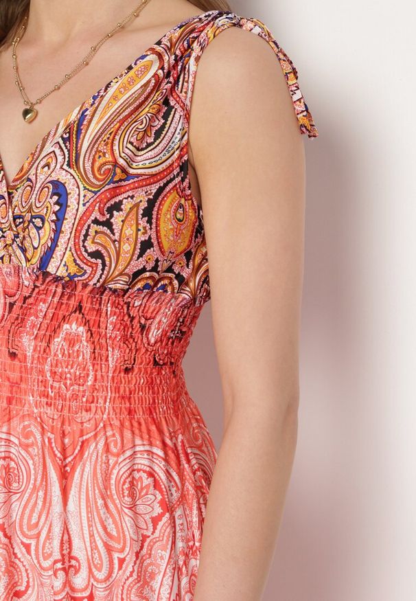 Born2be - Pomarańczowa Sukienka Boho na Lato ze Sznurkami na Ramionach i Gumką w Talii Aharleta. Kolor: pomarańczowy. Sezon: lato. Styl: boho