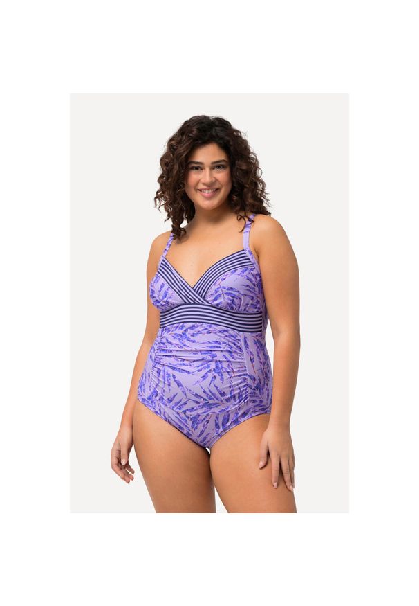 ULLA POPKEN - Damski Strój kąpielowy palmy paski miękkie miseczki. Kolekcja: plus size. Kolor: różowy. Materiał: poliamid, materiał, elastan. Wzór: paski