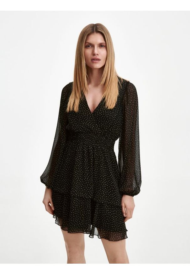 Reserved - Sukienka w groszki - czarny. Kolor: czarny. Materiał: tkanina. Wzór: grochy. Długość: mini