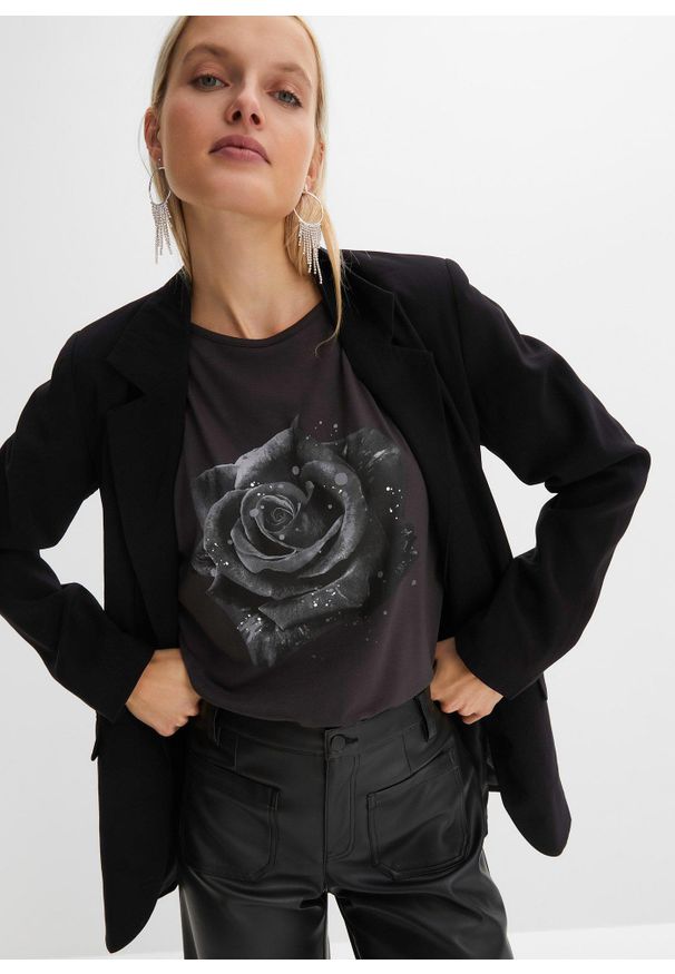bonprix - Bluzka z wiskozy z odkrytymi ramionami. Kolor: czarny. Materiał: wiskoza. Wzór: nadruk, kwiaty. Styl: elegancki