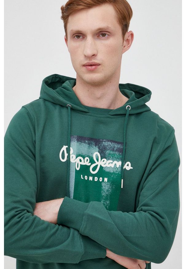 Pepe Jeans bluza bawełniana męska kolor zielony z kapturem z nadrukiem. Typ kołnierza: kaptur. Kolor: zielony. Materiał: bawełna. Wzór: nadruk