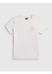 4f - 4F T-shirt regular z nadrukiem damski - biały S. Okazja: na co dzień. Kolor: biały. Materiał: jeans, bawełna, dresówka, dzianina. Wzór: nadruk. Styl: klasyczny, casual #1