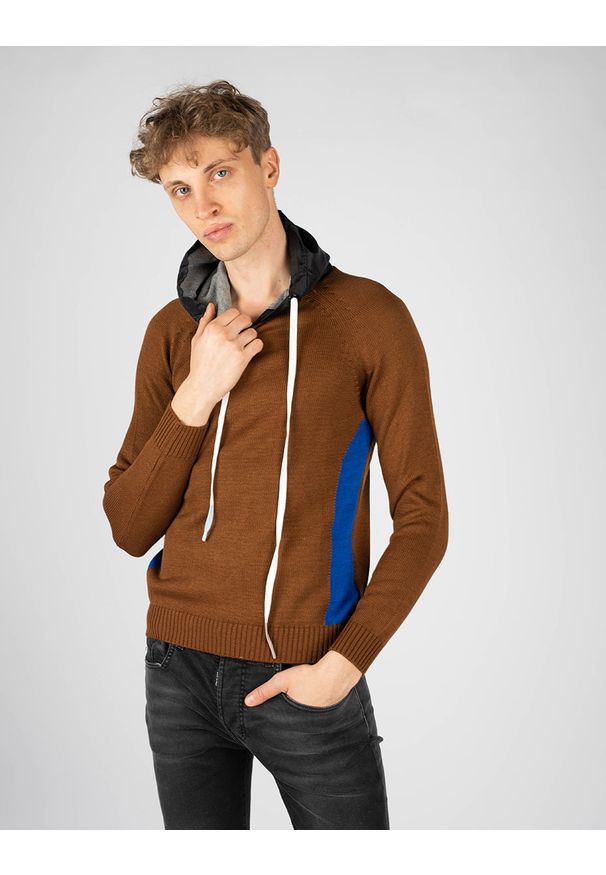 Takeshy Kurosawa Sweter "With Hood" | 83149 | Maglia | Mężczyzna | Brązowy. Okazja: na co dzień. Kolor: brązowy. Materiał: akryl, wełna. Wzór: aplikacja. Styl: casual
