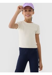 4f - 4F T-shirt slim crop top gładki dziewczęcy - beżowy 134 (8-9 lat). Okazja: na co dzień. Kolor: beżowy. Materiał: dzianina, bawełna, materiał, elastan. Długość rękawa: krótki rękaw. Długość: krótkie. Wzór: gładki. Sezon: lato. Styl: casual, sportowy #1