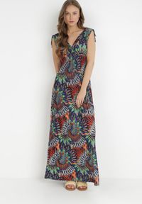 Born2be - Granatowo-Pomarańczowa Sukienka Euphiche. Kolor: niebieski. Wzór: kolorowy, aplikacja. Typ sukienki: kopertowe. Styl: boho. Długość: maxi #2