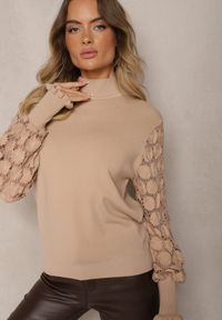 Renee - Ciemnobeżowy Półgolf Sweter z Wiskozą Ściągaczem i Koronką Liasara. Kolor: beżowy. Materiał: koronka, wiskoza. Wzór: koronka. Sezon: zima #3