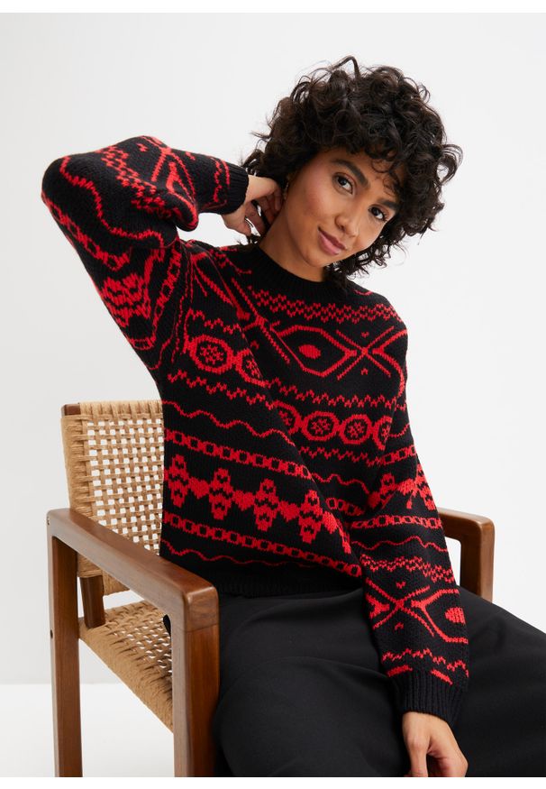 bonprix - Sweter z płytkim dekoltem, w norweski wzór. Kolor: czarny